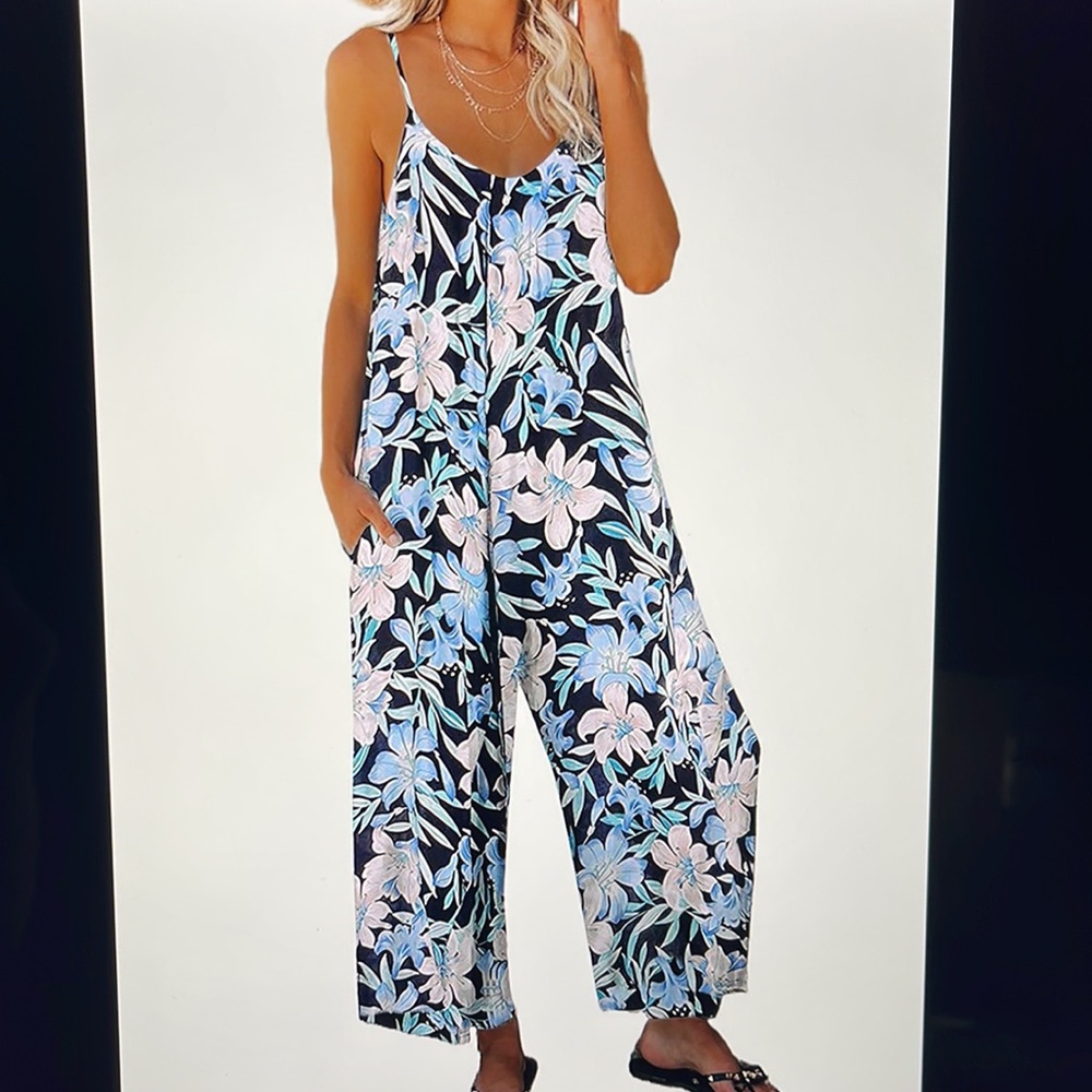 Floral Spaghetti Strap Wide Leg Jumpsuit Stretch Knit With Pockets XL